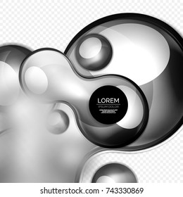 Glass black bubbles on grey, modern techno liquid design. Vector illustration