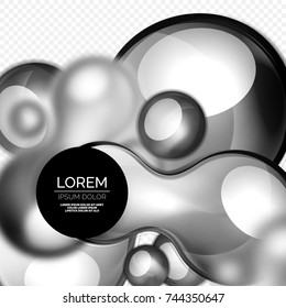 Glass black bubbles on grey, modern techno liquid design. Vector illustration