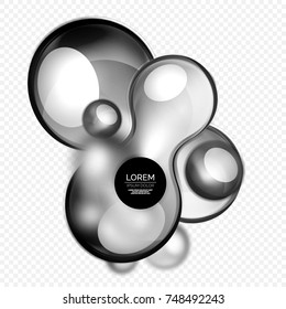 Schwarze Glasblasen auf Grau, modernes Techno Liquid Design. Vektorgrafik