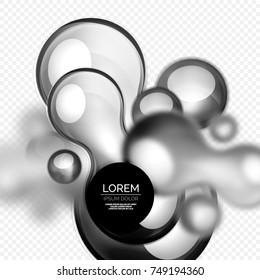 Glass black bubbles on grey, modern techno liquid design. Vector illustration