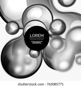 Glass black bubbles on grey, modern techno liquid design. Vector illustration