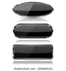 Glass black buttons. 3d web icons with metal frame. Vector illustration isolated on white background