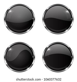 Glass black buttons. Round 3d buttons with chrome frame. Vector illustration isolated on white background