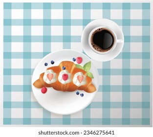 A glass with black coffee inside, white glass coasters. There were croissants with raspberries, blueberries and strawberries to decorate the dish beautifully. Striped blue and white checkered