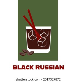 A glass of the Black Russian cocktail with ice cubes, cocktail straws and coffee beans