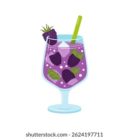 Glass of blackberry and mint lemonade with straw. Flat vector isolated illustration.
