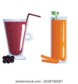 Glass of Blackcurrant Smoothie with Straw and Blackcurrants, and Glass of Carrot Juice with Carrot Sticks