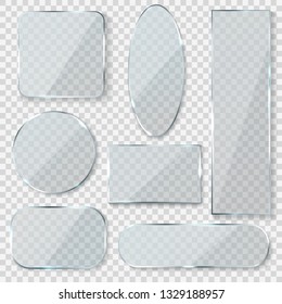 Glass blank banners. Rectangle circle glass texture window plastic clear labels with reflection acrylic shiny panels vector 3d set