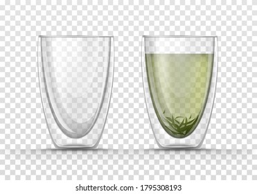 Glass blank cup with double walls and mug with green tea, leaves. Vector realistic illustrations, isolated on transparent background, glasses empty and full of hot drink. Mockup for brand advertising.