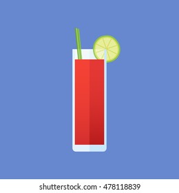 Glass of bloody mary cocktail with celery and lime slice isolated on blue background. Flat style icon. Vector illustration.