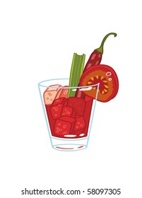 Glass of bloody Mary decorated with celery, cayenne and slice of tomato