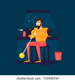 Glass blower blows glass. Flat design vector illustration.