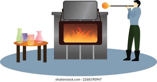 A glass blower melting glass, glass blower blowing glass for decoration vector illustration