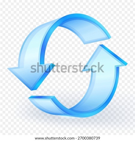 Glass blue 3D circular arrows icon representing refresh, reload, update, sync, and cycle process on a transparent background. Vector illustration.
