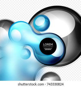 Burbujas azules y negras de vidrio sobre diseño líquido tecno gris y moderno. Ilustración del vector