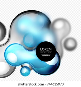 Burbujas azules y negras de vidrio sobre diseño líquido tecno gris y moderno. Ilustración del vector