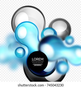 Glass blue and black bubbles on grey, modern techno liquid design. Vector illustration