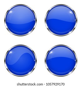 Glass blue buttons. Round 3d buttons with chrome frame. Vector illustration isolated on white background