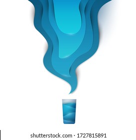 Glass with blue clear water and falling waves on white background. Abstract art composition in modern geometric style. Minimalistic concept design template for branding. Vector illustration. 