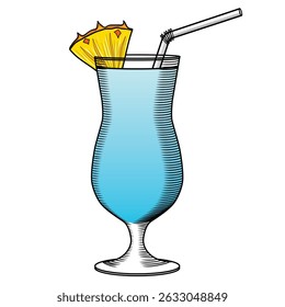 Glas met blauwe hawaii cocktail vector kleur illustratie in schets stijl. Hand getrokken alcoholische drank lijn art. Retro gravure voor bar en menu