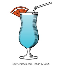 Glas met blauwe hawaii cocktail vector kleur illustratie in schets stijl. Hand getrokken alcoholische drank lijn art. Retro gravure voor bar en menu