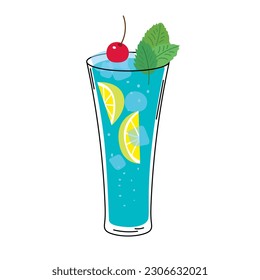 Glass of blue lagoon cocktail. Summer cocktail isolated on white background. Alcoholic drink with ice cubes, lemon, cherry and mint. Cocktail for menu, bar. Vector illustration