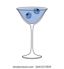 Glass of blue martini with blueberries. Summer cocktail isolated on white background. Drink for menu, bar. Ice alcoholic drink