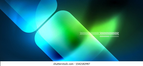 Glass blue neon block and lines abstract background. Vector shiny lights with geometric transparent lines and plates, light effects