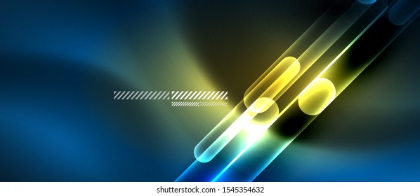 Glass blue neon block and lines abstract background. Vector shiny lights with geometric transparent lines and plates, light effects