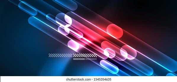 Glass blue neon block and lines abstract background. Vector shiny lights with geometric transparent lines and plates, light effects