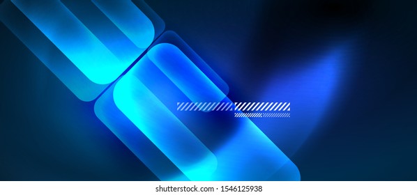 Glass blue neon block and lines abstract background. Vector shiny lights with geometric transparent lines and plates, light effects