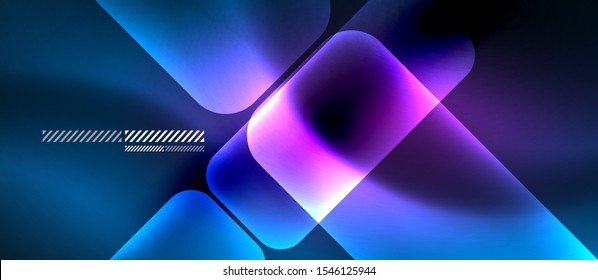 Glass blue neon block and lines abstract background. Vector shiny lights with geometric transparent lines and plates, light effects