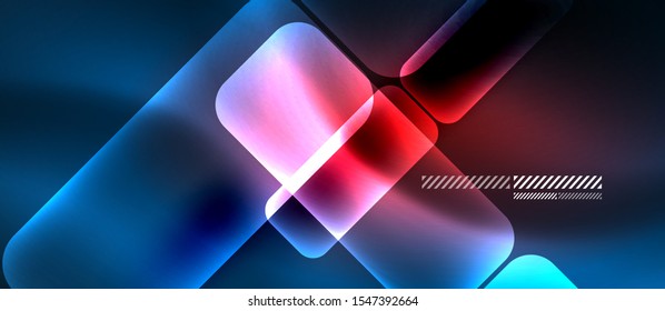 Glass blue neon block and lines abstract background. Vector shiny lights with geometric transparent lines and plates, light effects