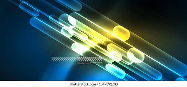 Glass blue neon block and lines abstract background. Vector shiny lights with geometric transparent lines and plates, light effects