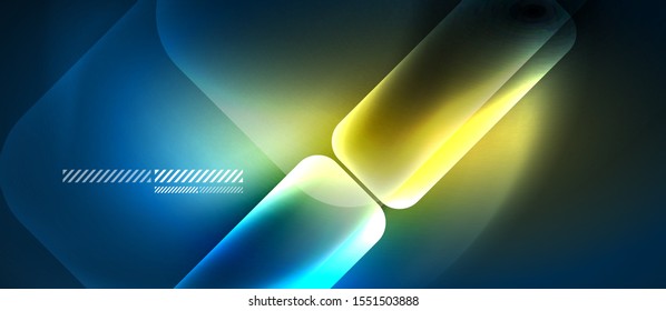 Glass blue neon block and lines abstract background. Vector shiny lights with geometric transparent lines and plates, light effects