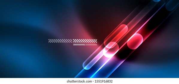 Glass blue neon block and lines abstract background. Vector shiny lights with geometric transparent lines and plates, light effects