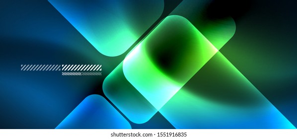 Glass blue neon block and lines abstract background. Vector shiny lights with geometric transparent lines and plates, light effects