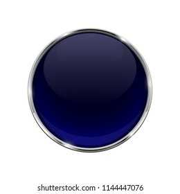 Glass blue shiny 3d button with metal frame. Vector illustration isolated on white background