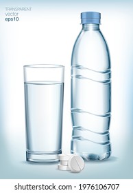 Glass of blue water, bottle of water and a few pills next to the glass.  Vitamin pill soluble in water.  Transparent vector