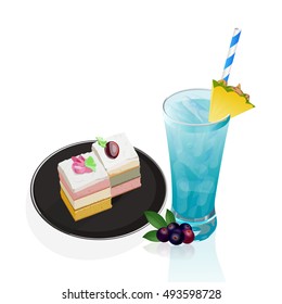 Glass with blueberries juice, fruit juice and cakes isolated on white background.