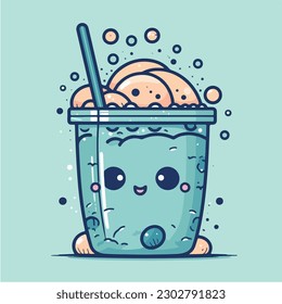 A glass of blueberry smoothie with a straw and blueberries. vector illustration