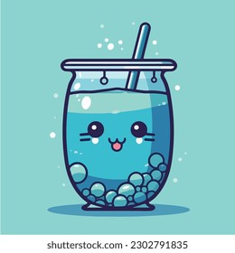 A glass of blueberry smoothie with a straw and blueberries. vector illustration