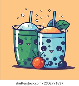 A glass of blueberry smoothie with a straw and blueberries. vector illustration