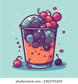 A glass of blueberry smoothie with a straw and blueberries. vector illustration