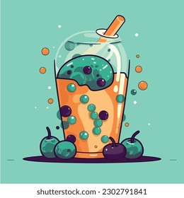 A glass of blueberry smoothie with a straw and blueberries. vector illustration