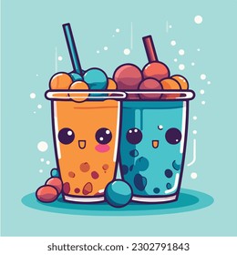 A glass of blueberry smoothie with a straw and blueberries. vector illustration