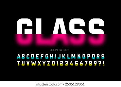 Glass. Blurry style font, typography design, alphabet letters and numbers vector illustration