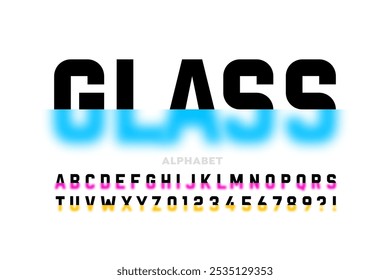Glass. Blurry style font, typography design, alphabet letters and numbers vector illustration