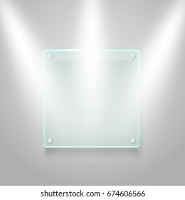 Glass board illuminated on the wall. Vector mockup