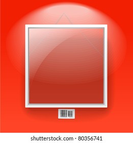 Glass board with white frame on a red wall with barcode sign. Text template